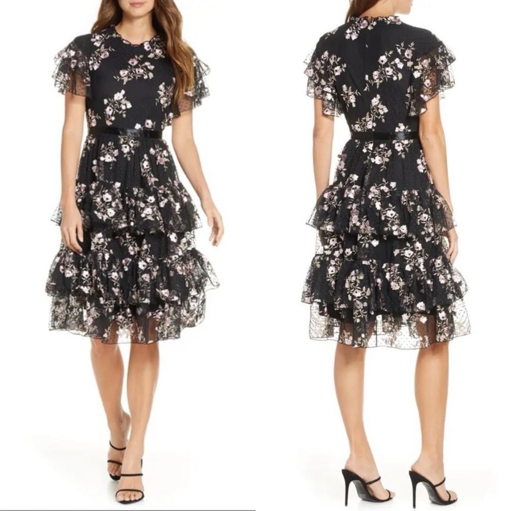 NEW Rachel Parcell Black soft pink Embroidered Floral
Tiered Dress size small